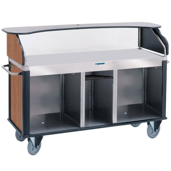 A stainless steel Lakeside vending cart with a Victorian cherry wood laminate top.