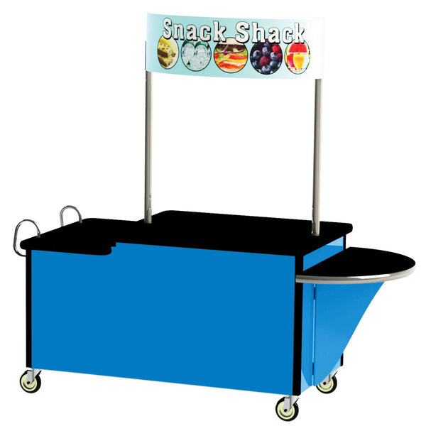 A Lakeside stainless steel vending cart with a blue and black finish and a sign on it.
