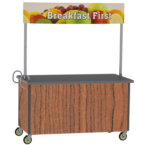 A Lakeside stainless steel vending cart with a Victorian cherry laminate finish and a fruit design on the sign.
