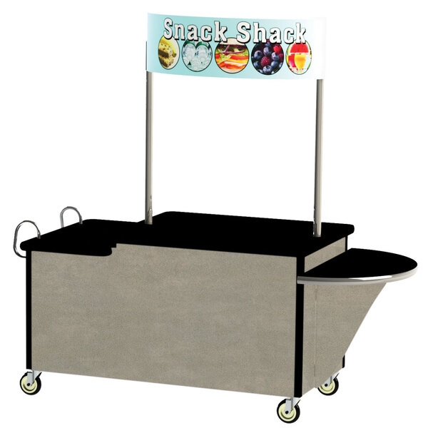 A Lakeside stainless steel vending cart with beige laminate drop leaf and sign on it.