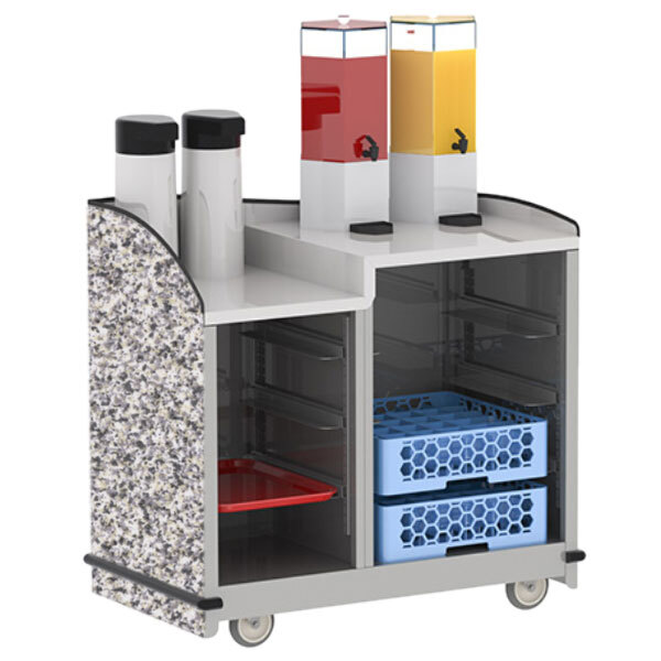 A Lakeside stainless steel full-service hydration cart with two compartments and a dual height top.