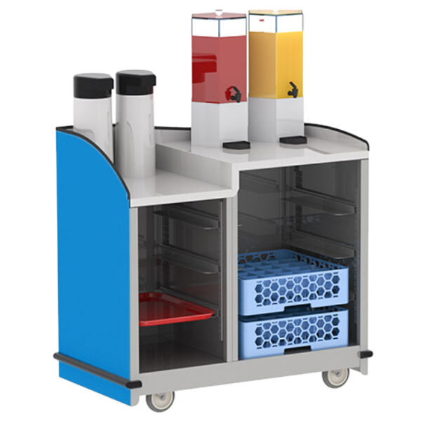 A Lakeside serving cart with two compartments filled with drinks on a blue rectangular top.