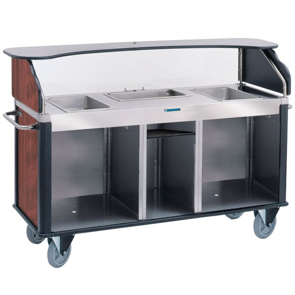 Lakeside 68220RM Serv 'N Express Stainless Steel Vending Cart with 3 Counter Wells and Red Maple Laminate Finish - 28 1/4" x 77 1/4" x 52 1/2"