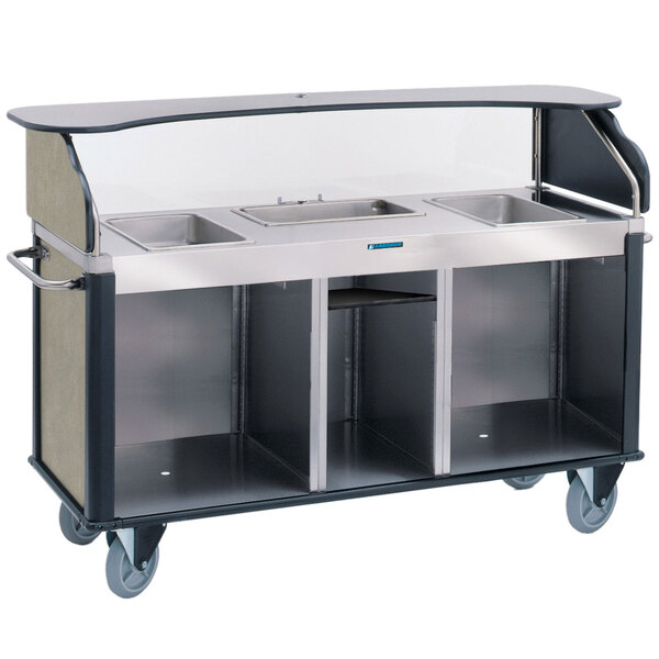 Lakeside 68220BS Serv 'N Express Stainless Steel Vending Cart with 3 Counter Wells and Beige Suede Laminate Finish - 28 1/4" x 77 1/4" x 52 1/2"