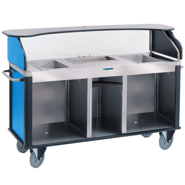 Lakeside 68220BL Serv 'N Express Stainless Steel Vending Cart with 3 Counter Wells and Royal Blue Laminate Finish - 28 1/4" x 77 1/4" x 52 1/2"