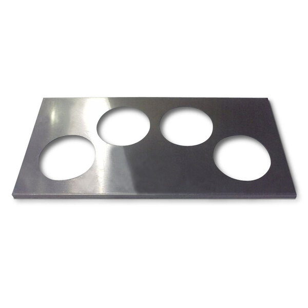 A stainless steel APW Wyott adapter plate with four 6 1/2" circular openings.
