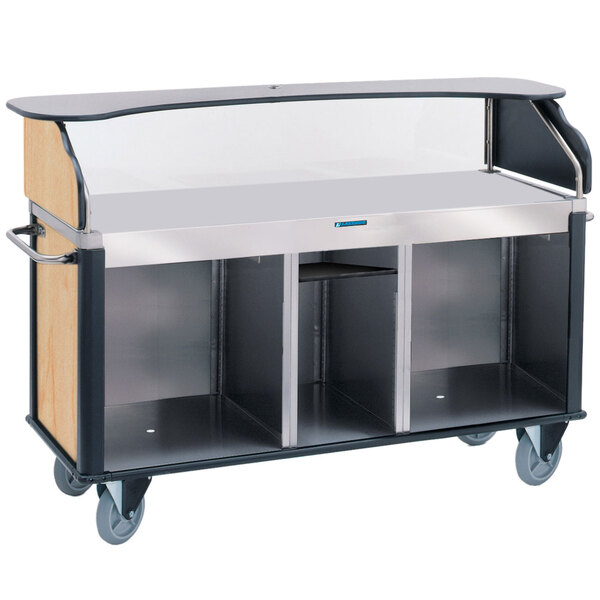 A Lakeside stainless steel vending cart with hard rock maple shelves and a flat countertop.