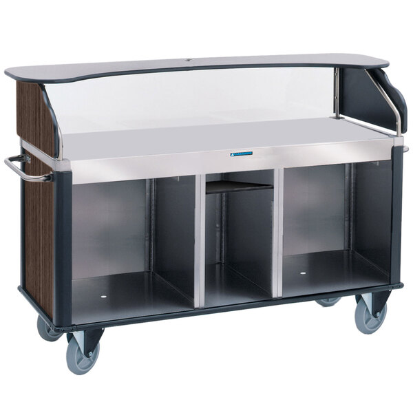 A stainless steel Lakeside vending cart with a walnut laminate flat surface and black metal shelves.