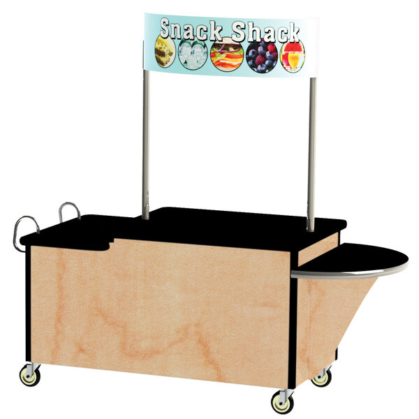 A Lakeside stainless steel vending cart with a hard rock maple drop leaf and a sign on it that says "snack"