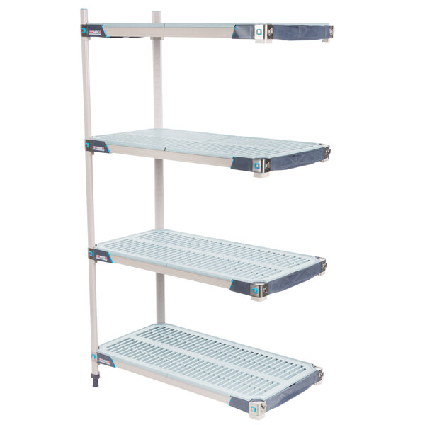 A white plastic MetroMax 4-shelf unit with blue handles.