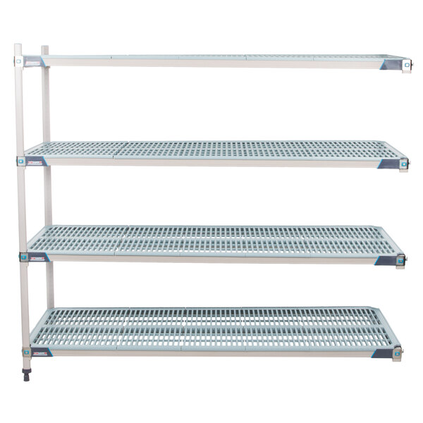 A white MetroMax metal shelving unit with four shelves.
