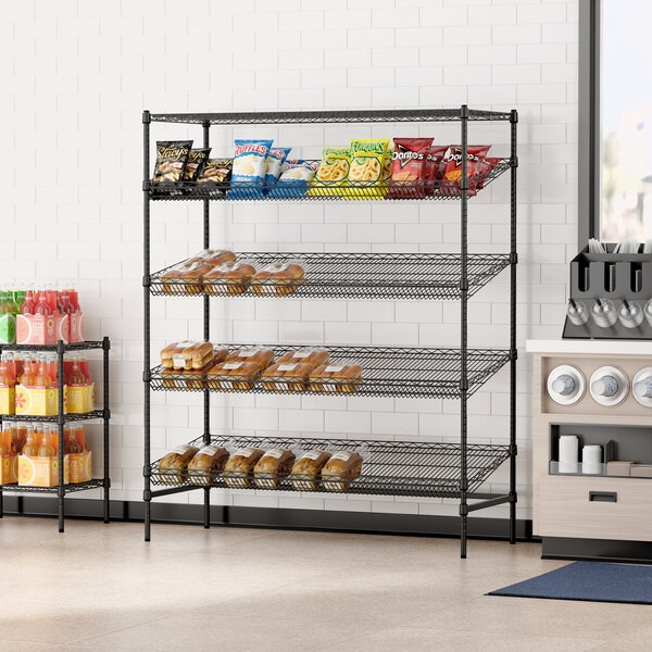 A Regency black epoxy wire shelving unit with food on the shelves.