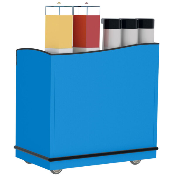 A blue Lakeside serving cart with containers on top.