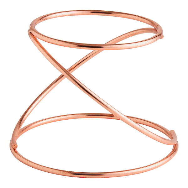 A rose gold metal display stand with a swirl design.