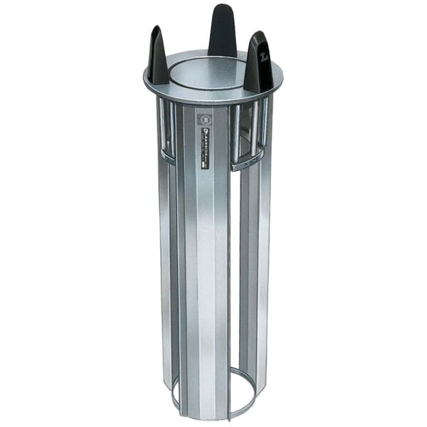 A silver Lakeside dish dispenser with black handles.