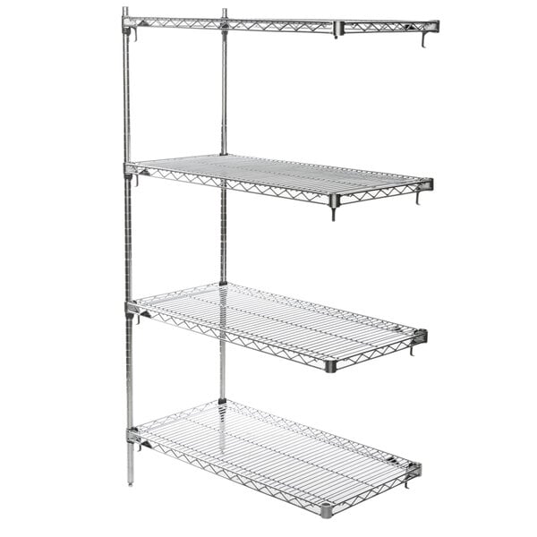 A chrome Metro Super Erecta wire shelving add on unit with three shelves.