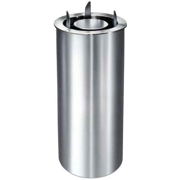 A silver Lakeside dish dispenser cylinder with a lid.