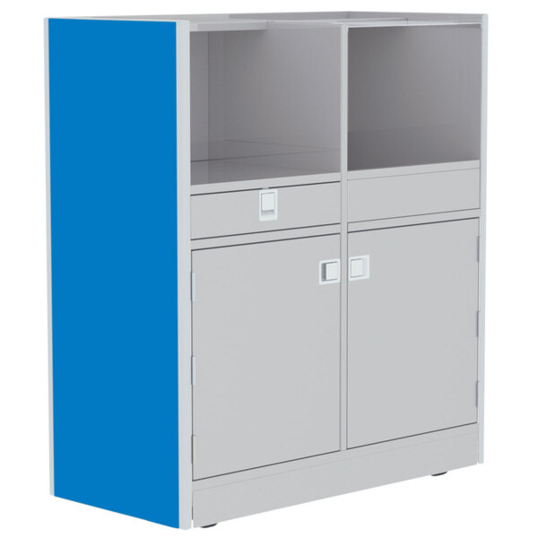 A white cabinet with two blue doors.