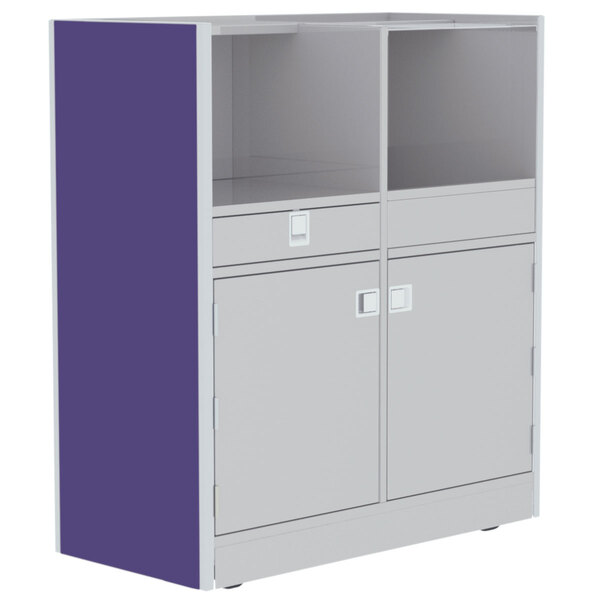 A white and purple Lakeside mobile setup station with two doors.