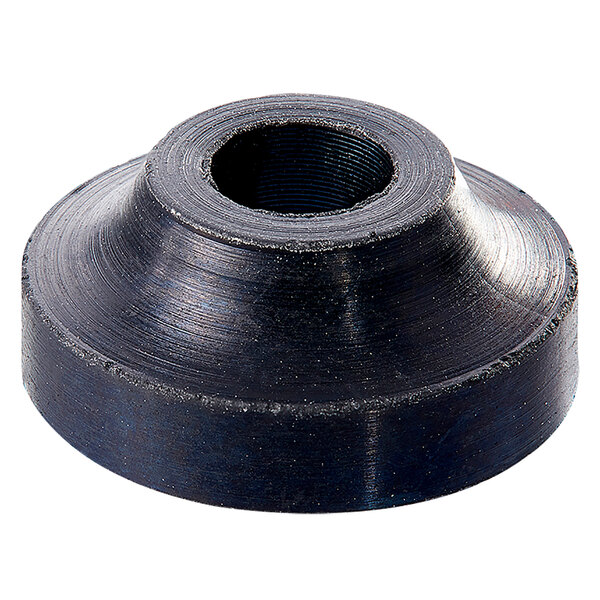 A black round rubber Fisher 1/2" Hard Seat Washer with a hole in the middle.