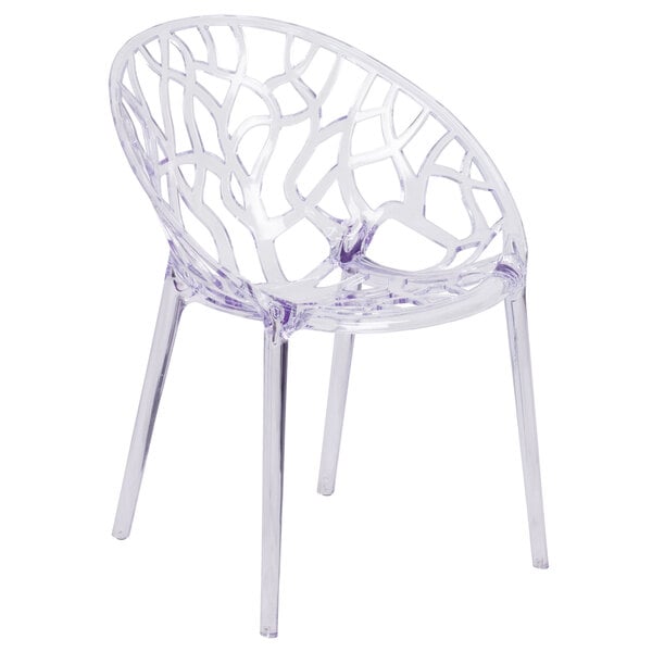 A Flash Furniture Specter clear plastic outdoor restaurant side chair.