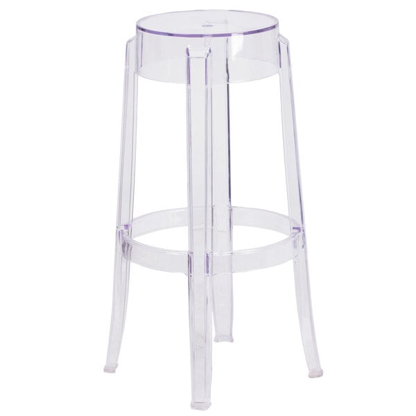 A Flash Furniture clear plastic stool with a round seat.