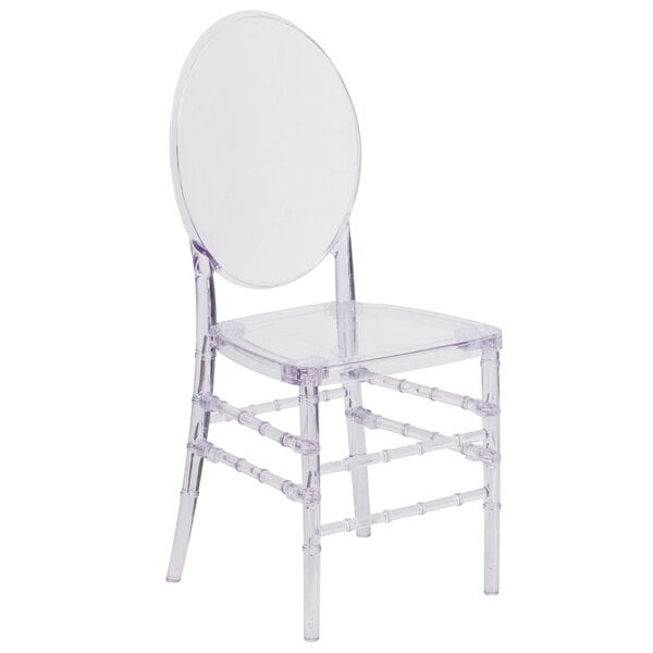 A Flash Furniture clear polycarbonate chair with an oval back.