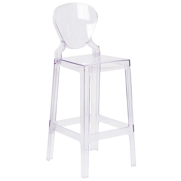 A clear plastic bar stool with a tear back.