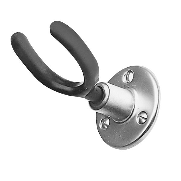 A close-up of a black and silver Fisher wall mount hook.