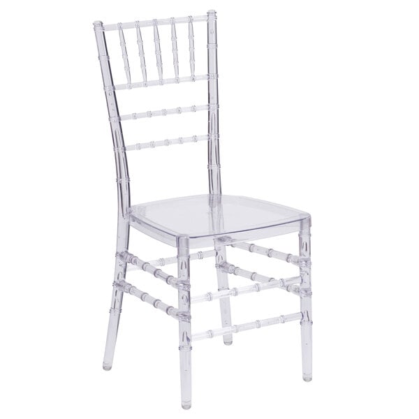A Flash Furniture clear plastic chiavari chair.