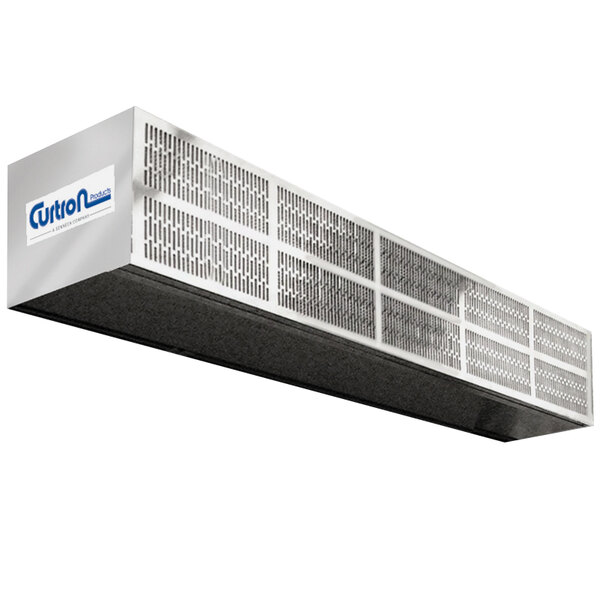 A metal air curtain with a vent and a logo on it.