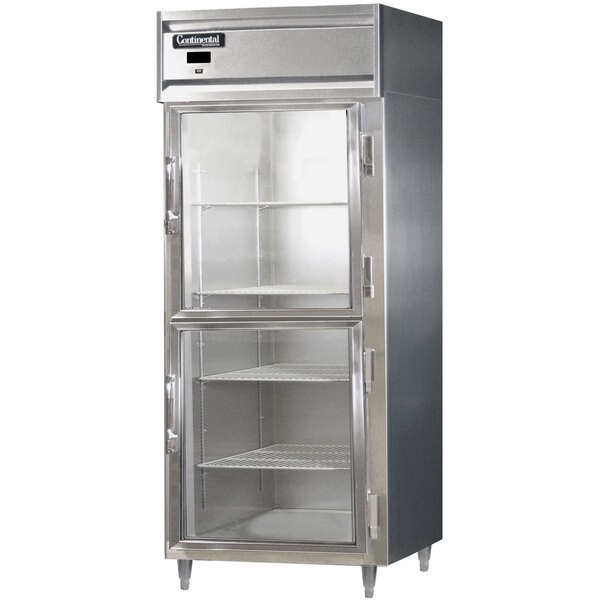 A stainless steel Continental reach-in refrigerator with glass doors.