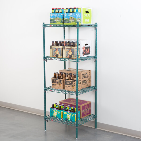 A Metroseal wire shelving unit with beer bottles and boxes of beer on the shelves.