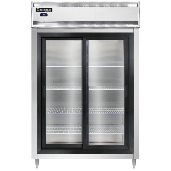 A Continental DL2R-SS-SGD reach-in refrigerator with double glass doors.
