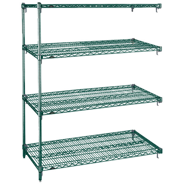 A Metroseal green wire shelving unit with three shelves.