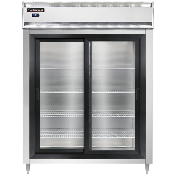A Continental extra-wide reach-in refrigerator with sliding glass doors.