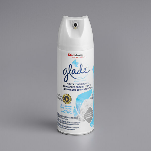 A white SC Johnson Glade air freshener spray can with blue text on the label for Clean Linen scent.