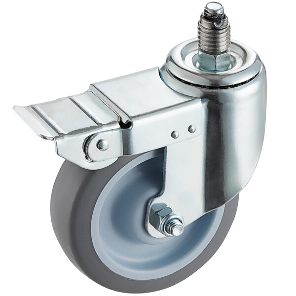 A Cooking Performance Group 5" stem caster with a metal wheel and metal plate.