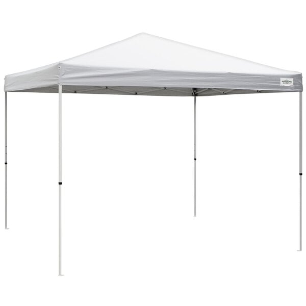 A white Caravan Canopy tent with poles and a triangular top.