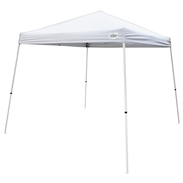 A Caravan Canopy white slant leg tent with two legs.