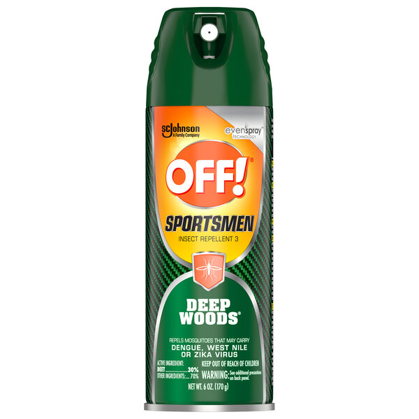 A green and yellow can of SC Johnson OFF! Deep Woods Sportsmen Insect Repellent II spray.