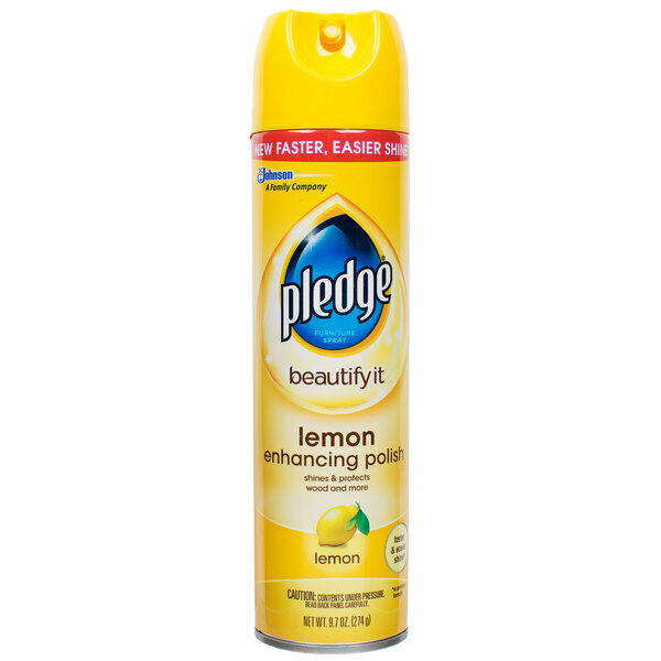 A yellow SC Johnson Pledge aerosol can with a blue circle and white text.