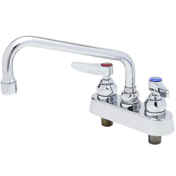A T&S chrome deck-mounted faucet with lever handles and a swing spout.