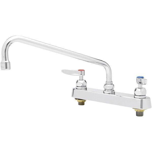 A chrome T&S deck-mounted workboard faucet with lever handles.