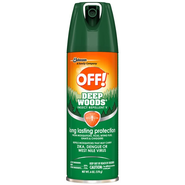 A green and orange can of SC Johnson OFF! Deep Woods Insect Repellent.