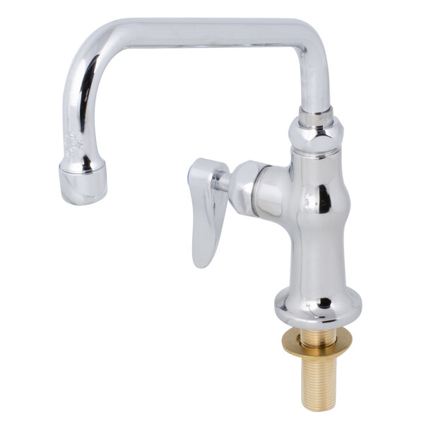 A chrome T&S deck-mounted faucet with a brass lever handle.