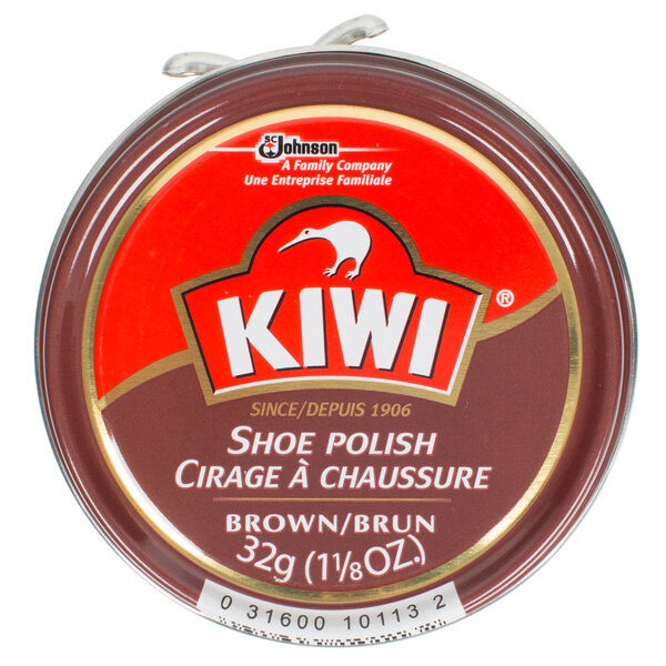 A close up of a brown SC Johnson Kiwi shoe polish tin.