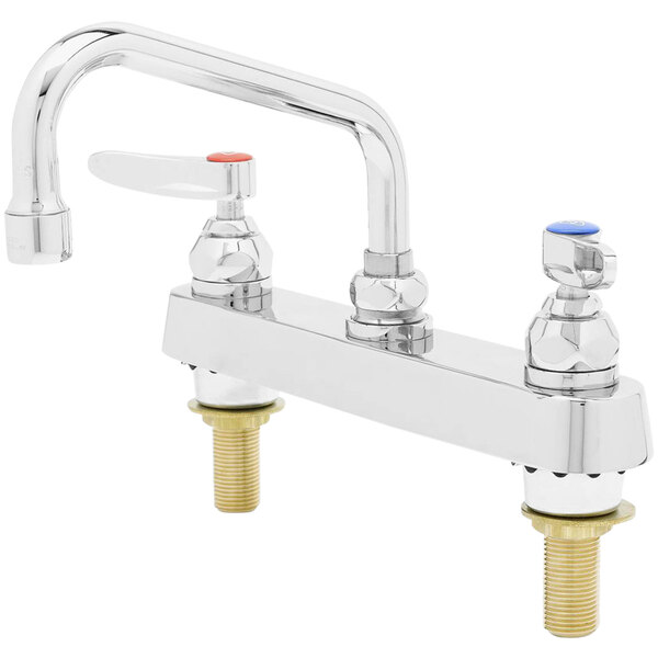 A chrome T&S deck-mounted workboard faucet with two lever handles.