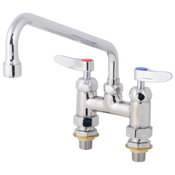 A T&S chrome deck-mounted faucet with lever handles.