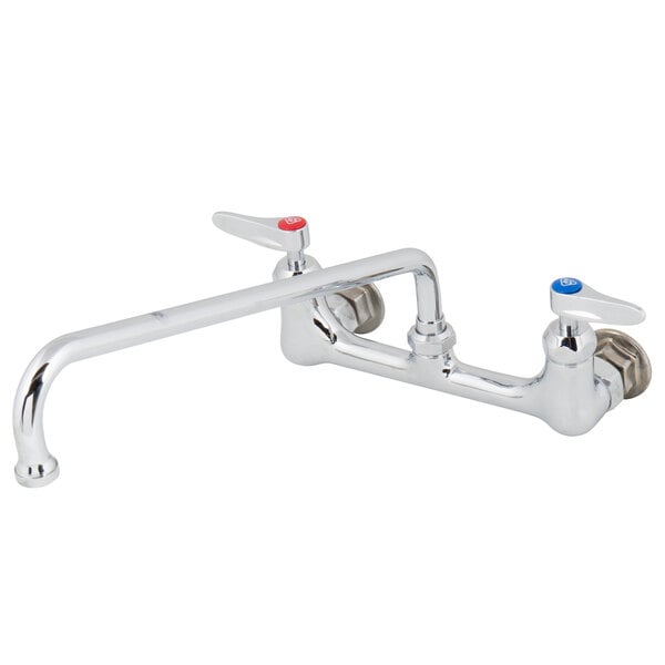 A T&S chrome wall mount faucet with two lever handles and two faucets.
